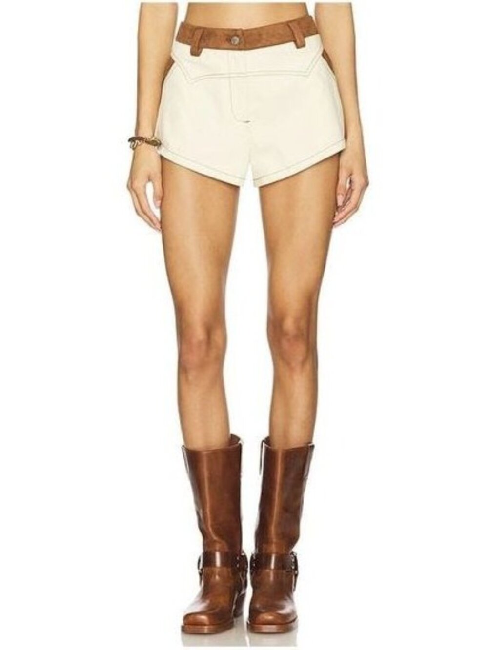 New By DYLN X Revolve Cream & Brown High-Waisted Denim Shorts Faux Suede Accents
